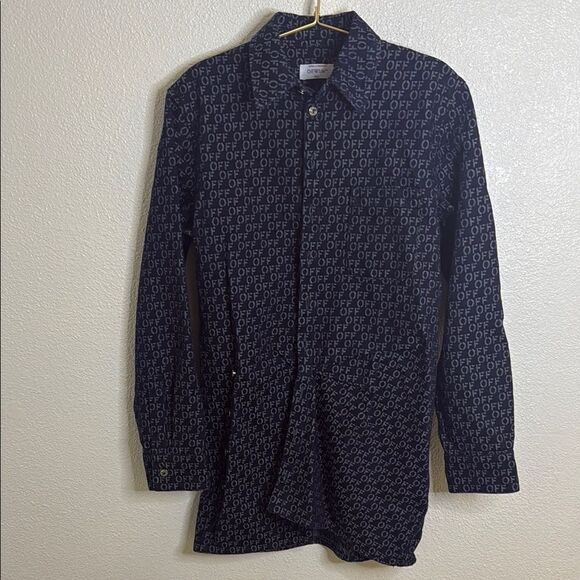 NWT- OFF-WHITE Navy Button-Up Shirt with Patterned logo Print- size 38 (Size 2) - Picture 1 of 16